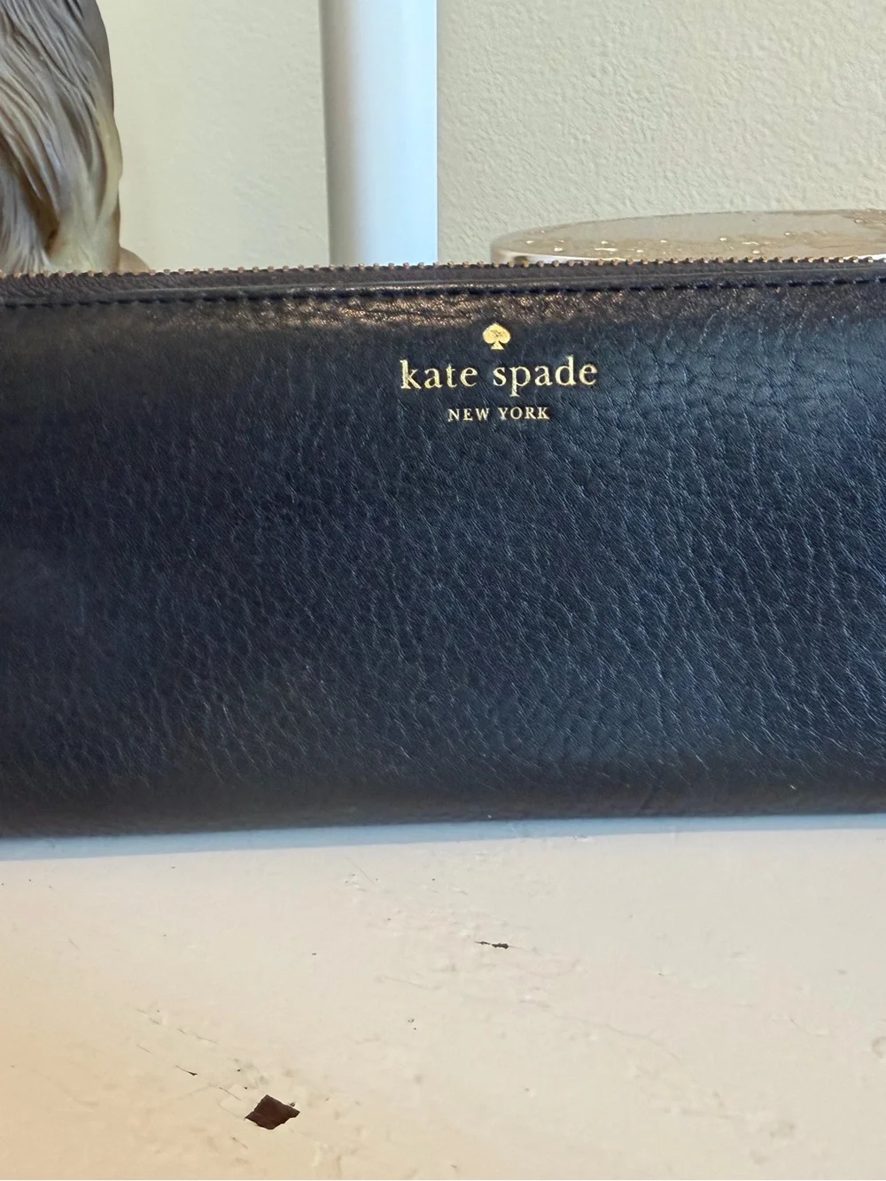 Kate Spade New York Black Leather Zip Around Wristlet Wallet Gold Tassel